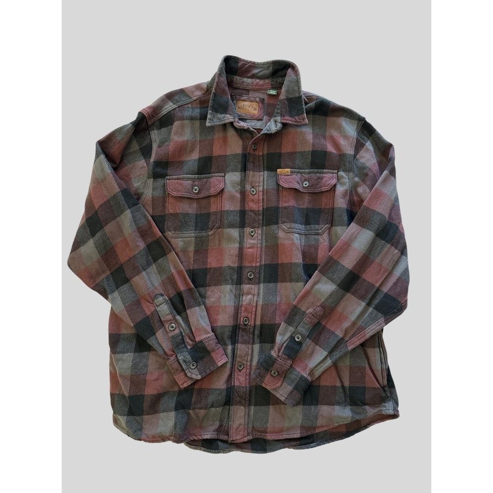 Orvis Men's Heavyweight Flannel Shirt Jacket Red Gray Plaid Side Seam Pocket XXL